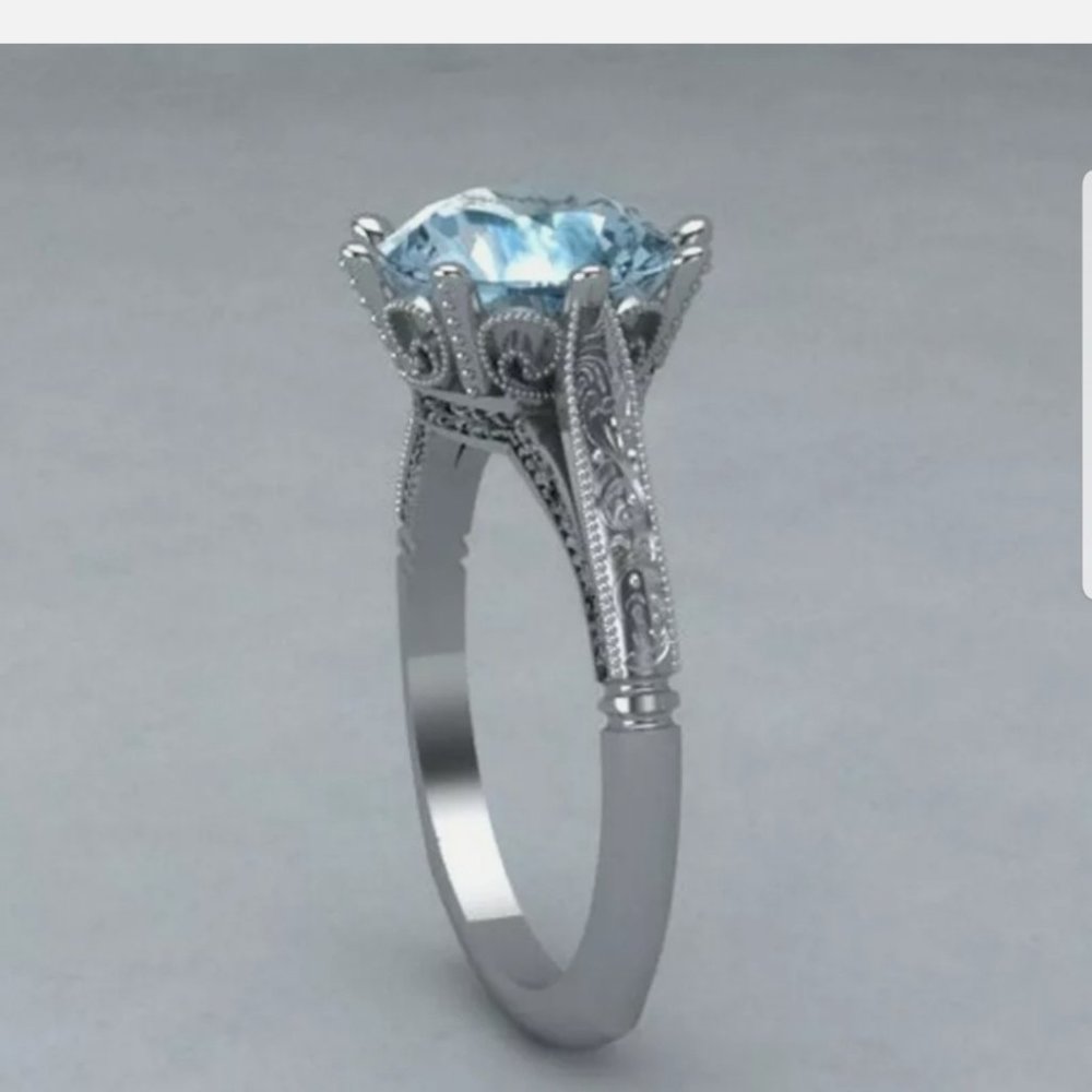 18k WHITE GOLD OVER S925 STAMPED AQUAMARINE RING - Picture 2 of 5